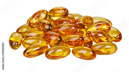 Pile of golden yellow translucent omega 3 fish oil softgel capsules