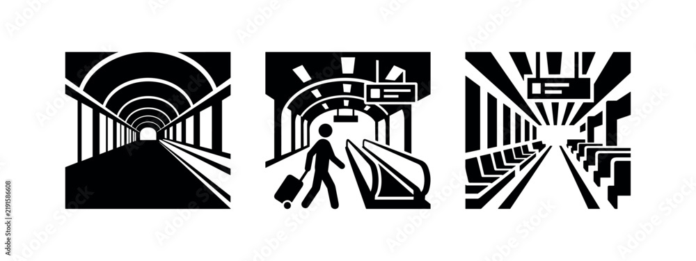 Fototapeta premium Icons representing a tunnel, escalator with person, and a modern corridor.