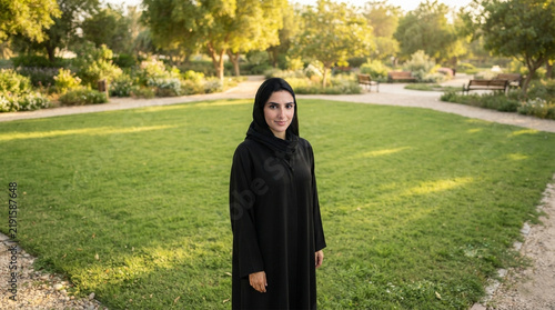 Arab Middle East Woman standing posing at a community. Emirati female national wearing Hijab Abaya.