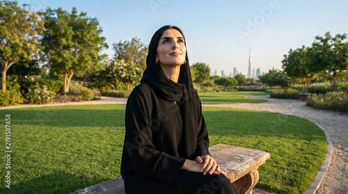 Emirati Female woman wearing Arabic Hijab Abaya at a modern park in the UAE.