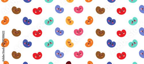 Seamless pink pattern featuring cute heart mascot characters surrounded by flat heart shapes