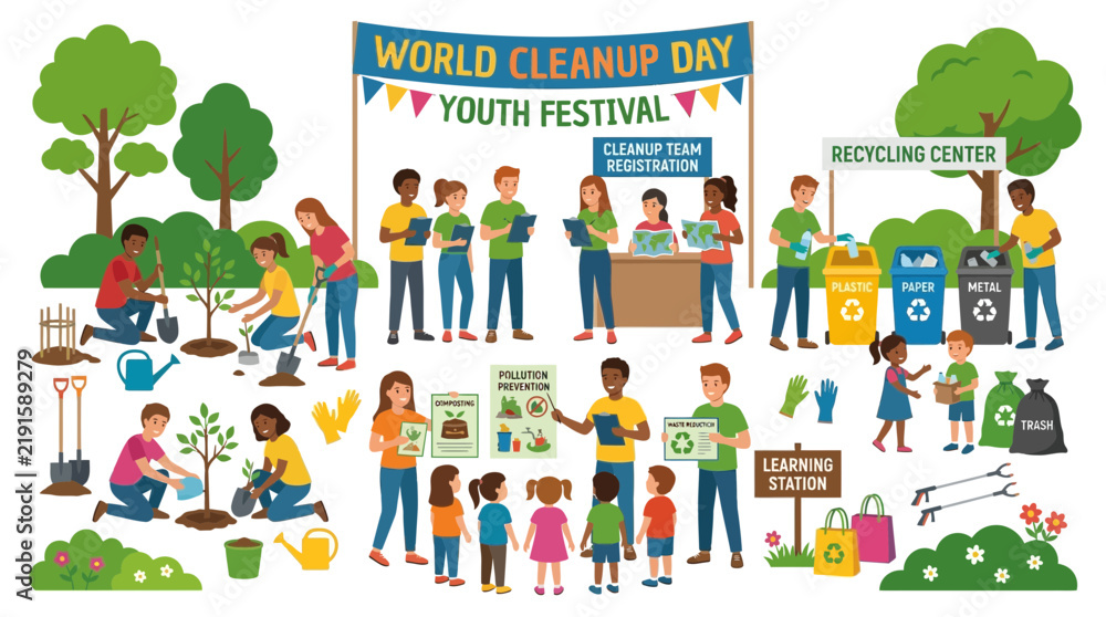 Fototapeta premium World Cleanup Day Youth Festival: Volunteers Planting Trees and Recycling