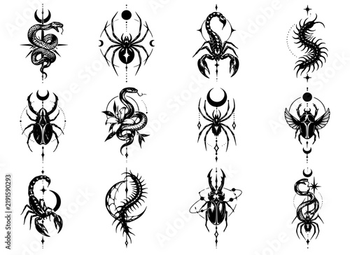 Mystical Snake Spider and Scorpion Tattoo Set