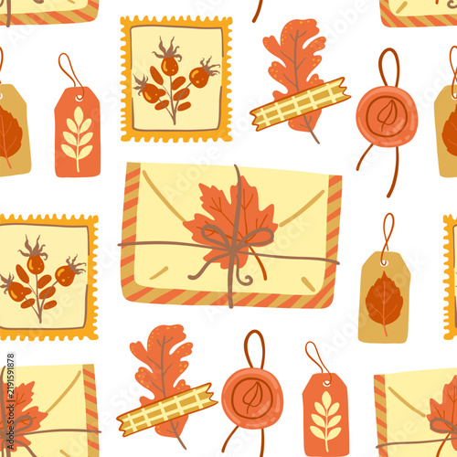 Картината върху платно Vintage autumn mail seamless pattern with envelopes craft paper letters postage