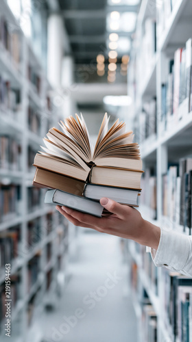 A hand holds an open stack of books in a bright library setting.