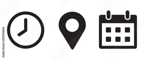 Time Address And Date Flat Icon Set With Clock Map Pin And Calendar Sign Symbols