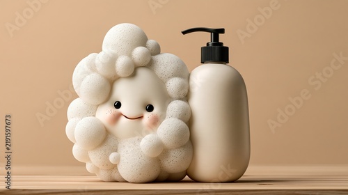 Happy shampoo bottle with bubbles, humorous bathroom photo