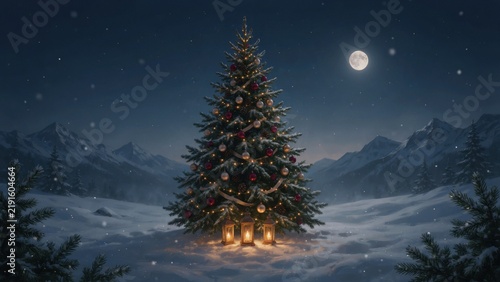 A magnificent illuminated Christmas tree standing proudly in a snowy winter mountain landscape