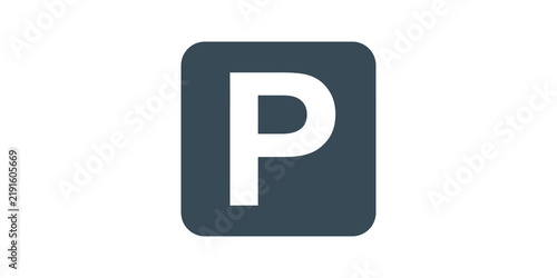 Parking sign flat icon dark blue square for transport and urban layout.