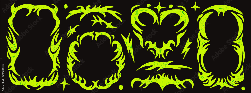 Obraz premium Frame neon collection in acid green on black. Tribal heart, circle and rectangle borders with gothic thorn and separator in vector. Cyber assets for rave flyers or album covers or text box for sale