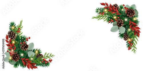 Farmhouse Christmas corner frames with copy space, fir branches, glowing christmas lights, seasonal foliage, and burgundy leaves. Transparent background in vector file.