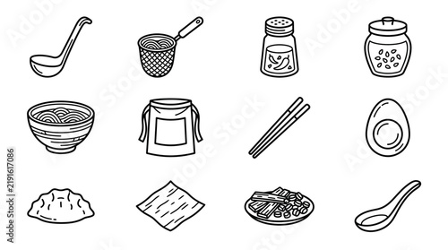 Sewing and Kitchen Tools Vector Icon Set with Cooking Accessories, Knife, Spoon, Fork, Pan, Pot, Cup, Coffee and Chef Silhouette Illustrations
