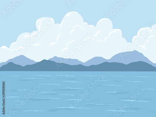 Blue Sea and Mountain Landscape Background with Fluffy Clouds