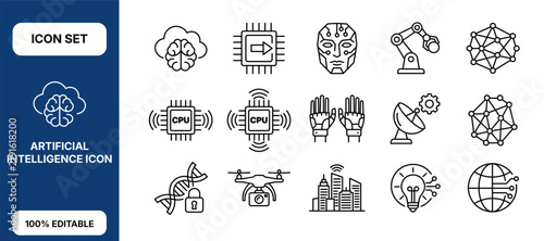 Artificial intelligence and technology line icon set for digital innovation and smart computing solutions