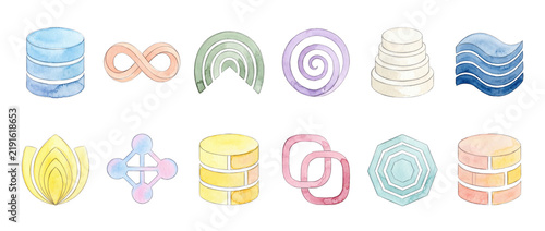 Watercolor technology icons data storage server infinity symbol set isolated on black background for tech logo design modern visual identity pastel geometric infographic elements graphics collection