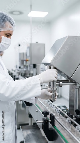 Scientist in a white lab coat and face mask operating a pharmaceutical filling machine for glass vials on a production line in a lab