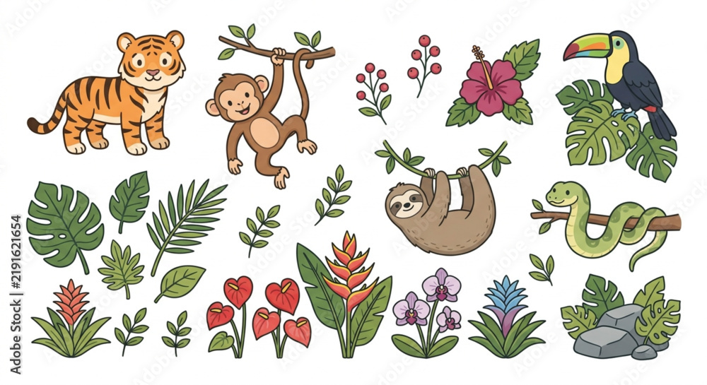 Obraz premium Cute Jungle Animals and Tropical Plants Vector Set