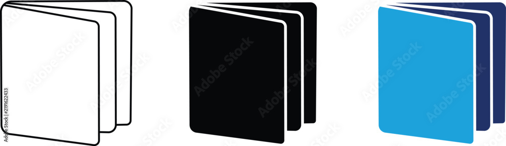 Fototapeta premium Booklet and magazine icon set with minimal outline, solid, and duotone illustrations for publishing, education, and digital library UI.