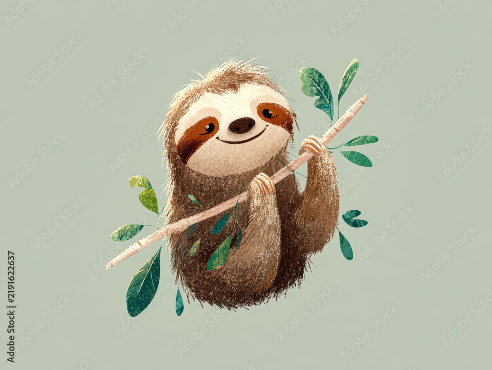 Fototapeta premium Adorable illustration of a smiling sloth hanging from a branch with green leaves, set against a light green background. The artwork captures the sloth's relaxed nature and charm.