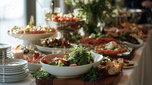 Luxury catering buffet table with fresh salads and delicious food dishes