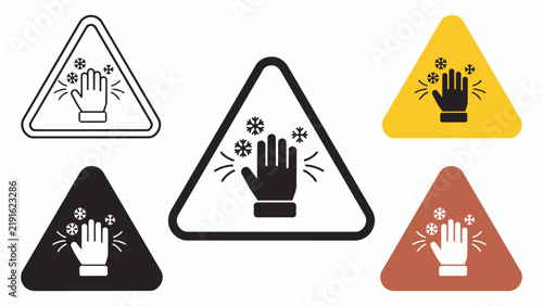 Obraz na plátně Set of triangular warning signs depicting a hand icon indicating extreme cold or