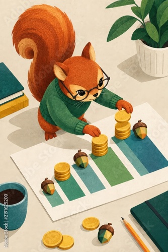 Cartoon squirrel in glasses and green sweater stacking gold coins on bar chart surrounded by coffee, notebooks, and plant symbolizing financial growth and savings concept