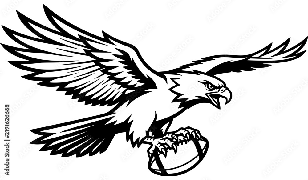 Obraz premium Fierce Hawk Flying with American Football Sports Mascot Black White Vector
