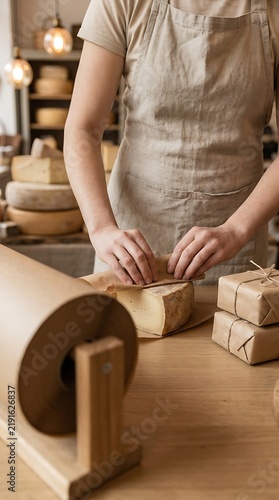 Artisan in a linen apron wrapping a block of cheese in brown paper at a rustic shop with shelves of various cheese wheels in the background