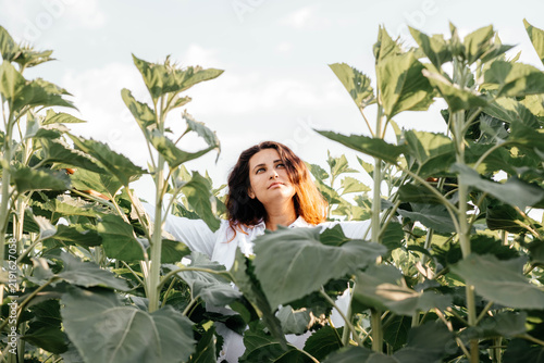 Foto Medium shot of a beautiful dark-haired woman in a white shirt standing amidst lush green sunflower plants in a field and looking thoughtfully upward
