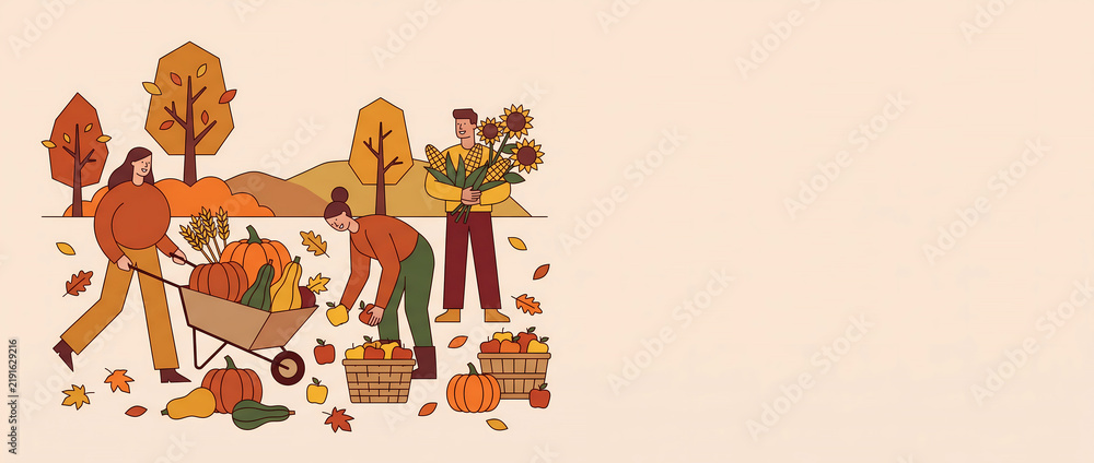 Fototapeta premium Flat illustration of people gathering autumn harvest and sunflowers with copy space