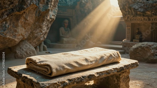 A folded linen burial cloth rests on a stone bench inside an ancient Egyptian tomb, bathed in golden sunlight streaming through a rocky opening.