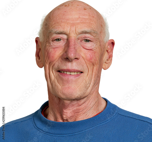 Bald elderly man in blue sweater