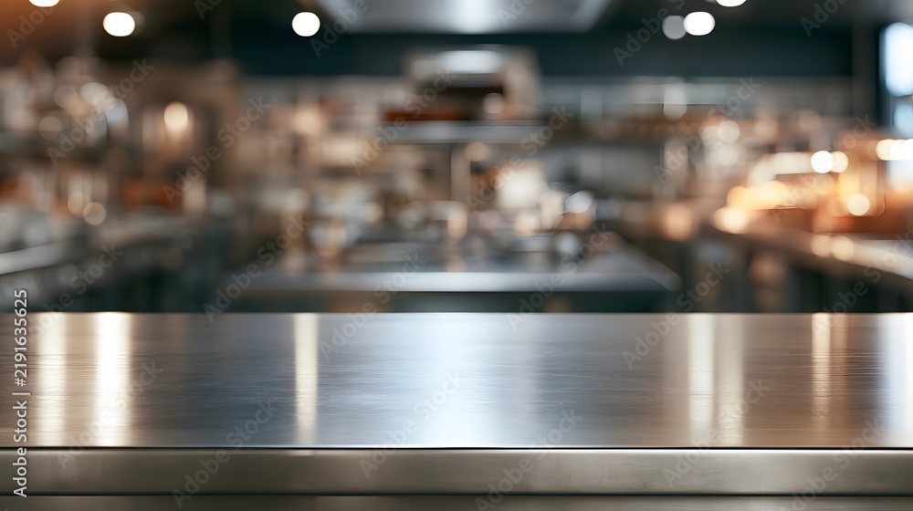 Obraz premium Empty stainless steel prep bench with a cool metal surface and blurred commercial restaurant kitchen background for product display and culinary mockups in a professional modern hospitality food prepa