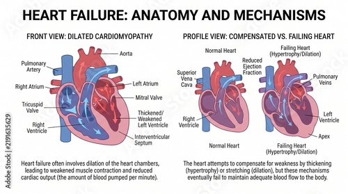 Medical Infographic Showing Heart Failure Anatomy and Physiological Mechanisms in Flat Vector Style