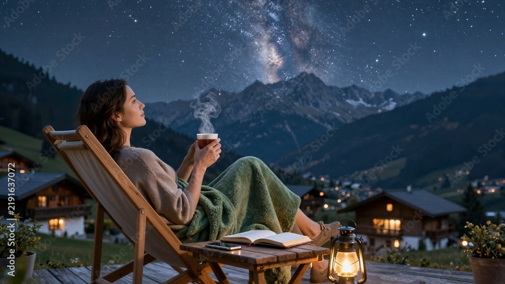 Fototapeta premium A woman relaxes on a wooden deck at dusk, sipping warm tea under a breathtaking starry night sky with the Milky Way arching over snow-capped mountains and cozy alpine houses below.