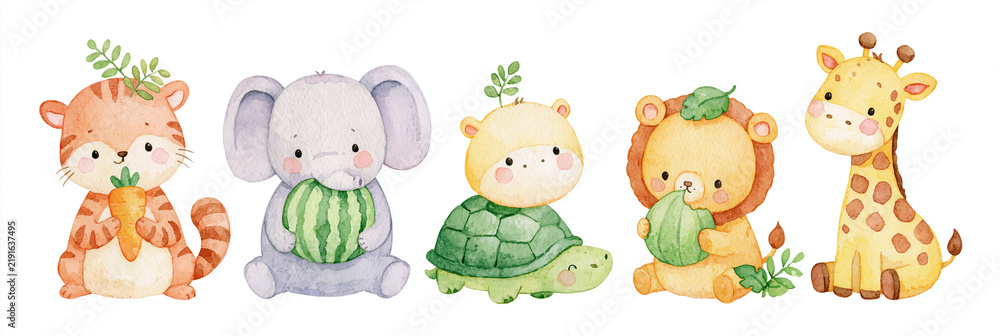 Obraz premium Adorable cartoon animals enjoying snacks with playful expressions