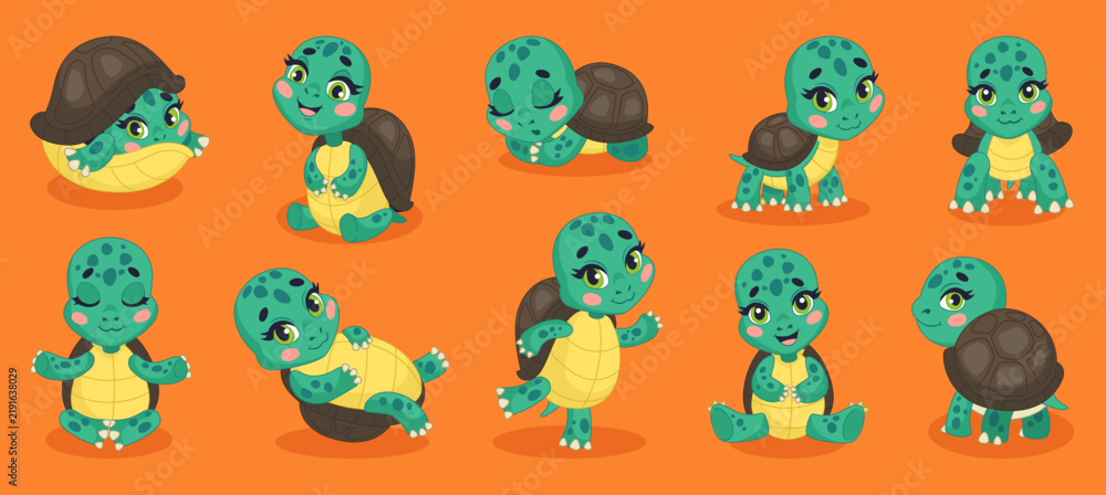 Obraz premium Cute turtle. Funny reptile with green shell. Sea mascot for children. Happy animal in marine different poses and emotions. Playful smiling tortoise character. Vector illustration cartoon tidy set