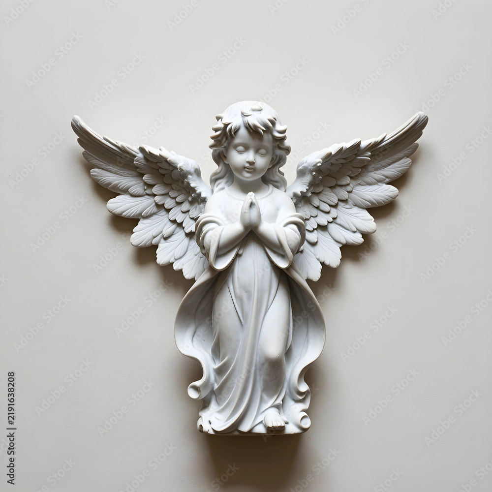 Fototapeta premium Spirituality and peace white marble angel statue with praying hands and wings spread for religious worship funeral memorial and divine protection