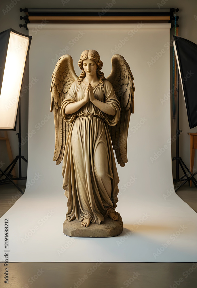 Fototapeta premium Spirituality and faith concept, stone angel statue with praying hands in a studio setting for religious themes and memorial design projects