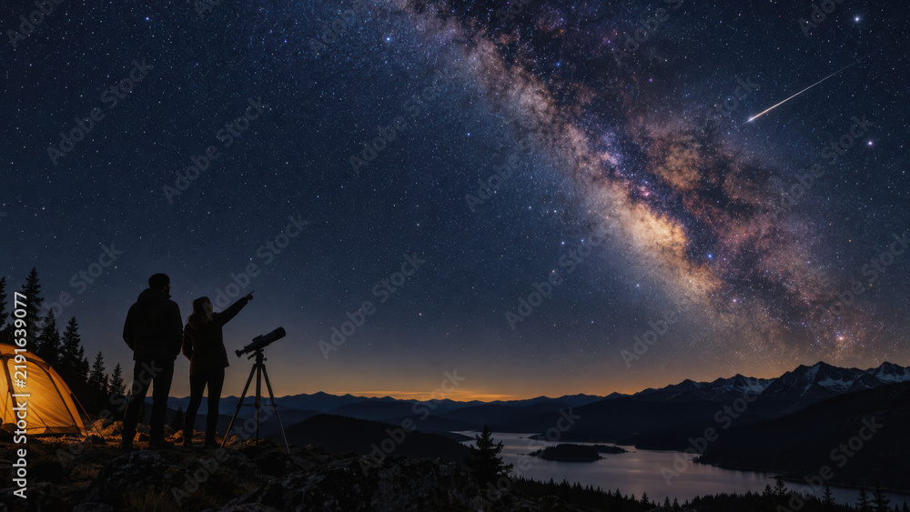 Fototapeta premium Stargazing couple camping with telescope under milky way and shooting star