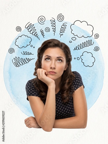 Thoughtful woman thinking with abstract swirls and clouds
