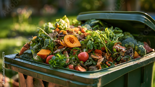 Open green compost bin filled with organic kitchen food waste vegetable scraps and garden refuse outdoors in sunlight ready for recycling and sustainable soil enrichment practice environment strategy