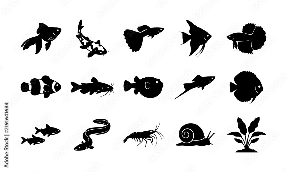 Obraz premium Set of black silhouettes representing various aquarium fish and aquatic life for design