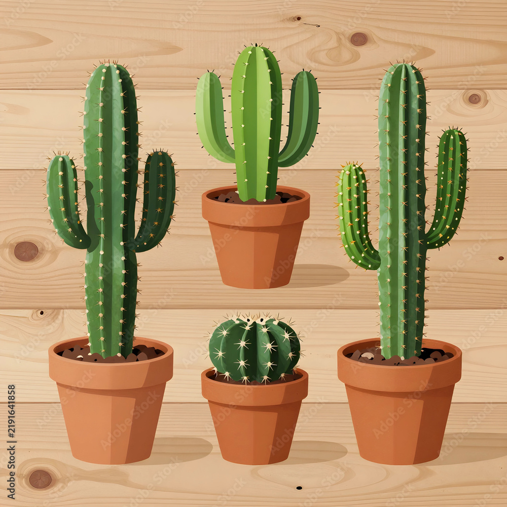 Obraz premium Home decor and interior design, collection of potted cactus plants on a rustic wooden background for botanical lifestyle and gardening hobby concepts