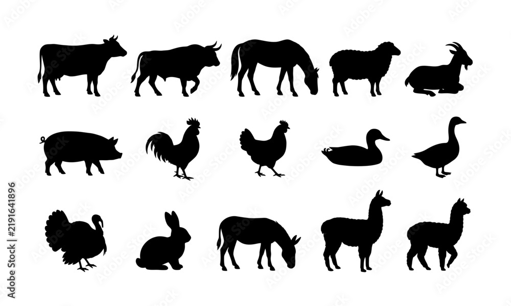 Fototapeta premium Collection of various farm animal silhouettes isolated on a plain white background design