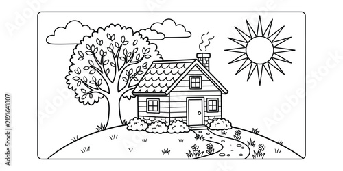 Coloring page of a house with a tree and sun