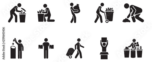 Garbage separation icons pack showing steps of domestic recycling and proper trash classification.