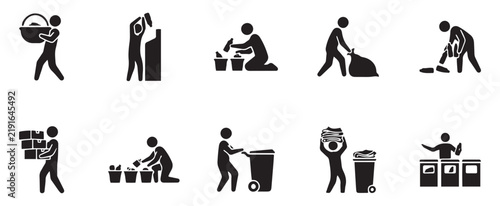 Sustainable lifestyle illustrations of people doing volunteer trash cleanup and waste categorization.