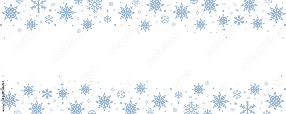 Obraz premium Light blue geometric winter snowflake horizontal top and bottom border frame on clean white background with central copy space for holiday card designs and banners.