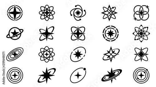 Abstract Star and Orbit Symbols Collection for Science Navigation and Connection Design Concepts
